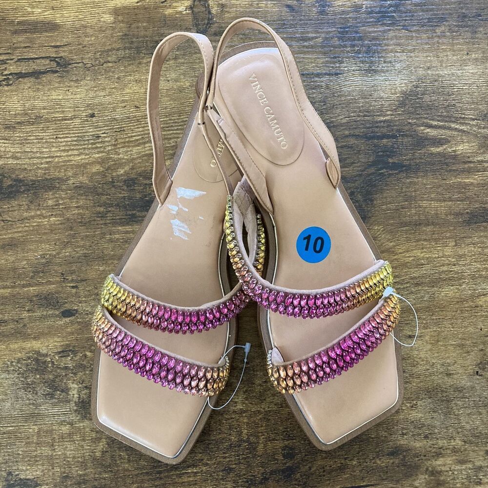 Vince Camuto Prizza Slingback Sandals Womens 10M Beige Rhinestone Square Toe